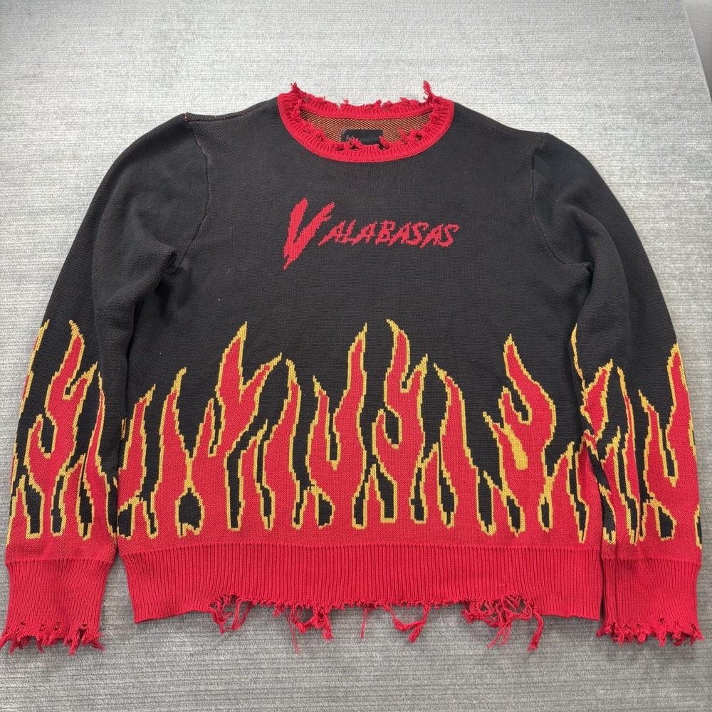 Valabasas Flame Sweater Mens 2XL Black Knit Red Flames Distressed Raw Edges